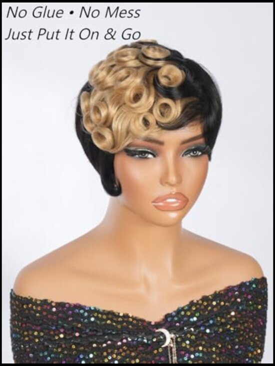 Short Pixie Wig Human Hair Glueless Wear and Go Layered with Bangs Natural Look